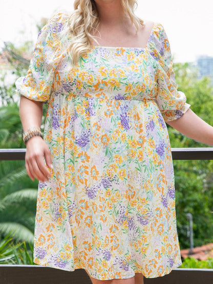 Floral Print Ruffle Sleeve Plus Size Mini Dress