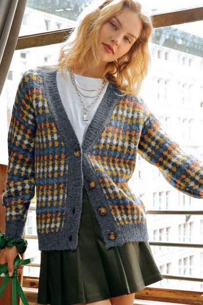 Gray Dotty Pattern Knit Button Front V Neck Sweater Cardigan