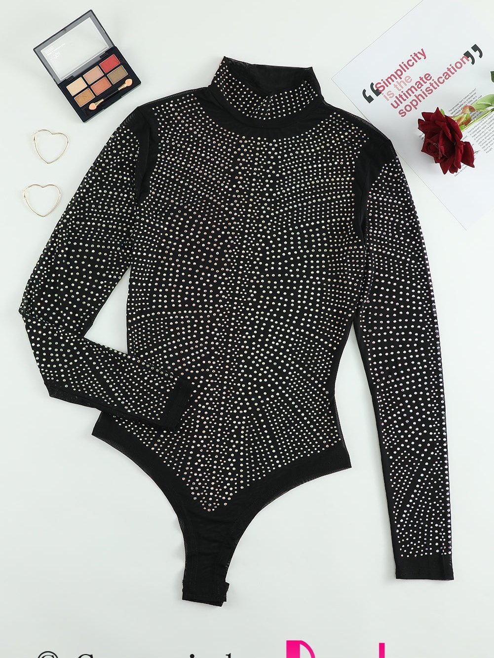 Iridescent Silver Rhinestone Embellished Black Mock Neck Bodysuit