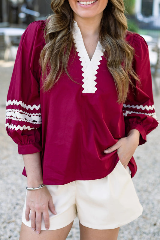 Red Dahlia Contrasted V Neck Ricrac Trim Puff Sleeve Blouse
