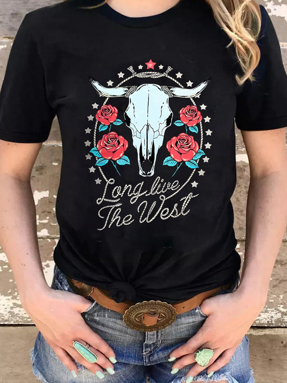 Floral Long Live The West Black Steer Head Graphic T-Shirt