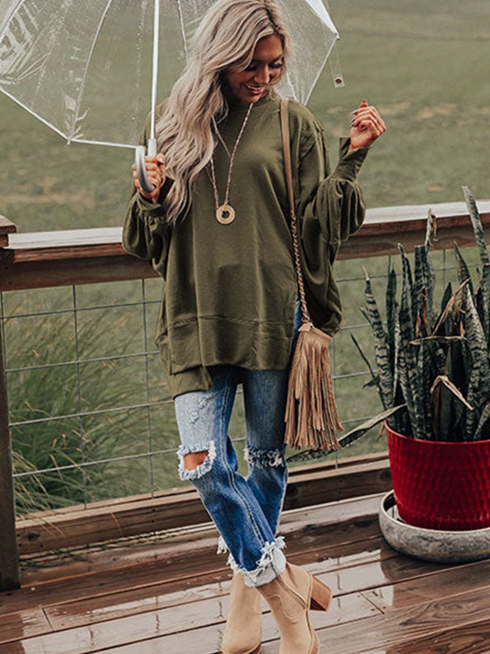 Green Patchwork Oversized Drop Shoulder Top