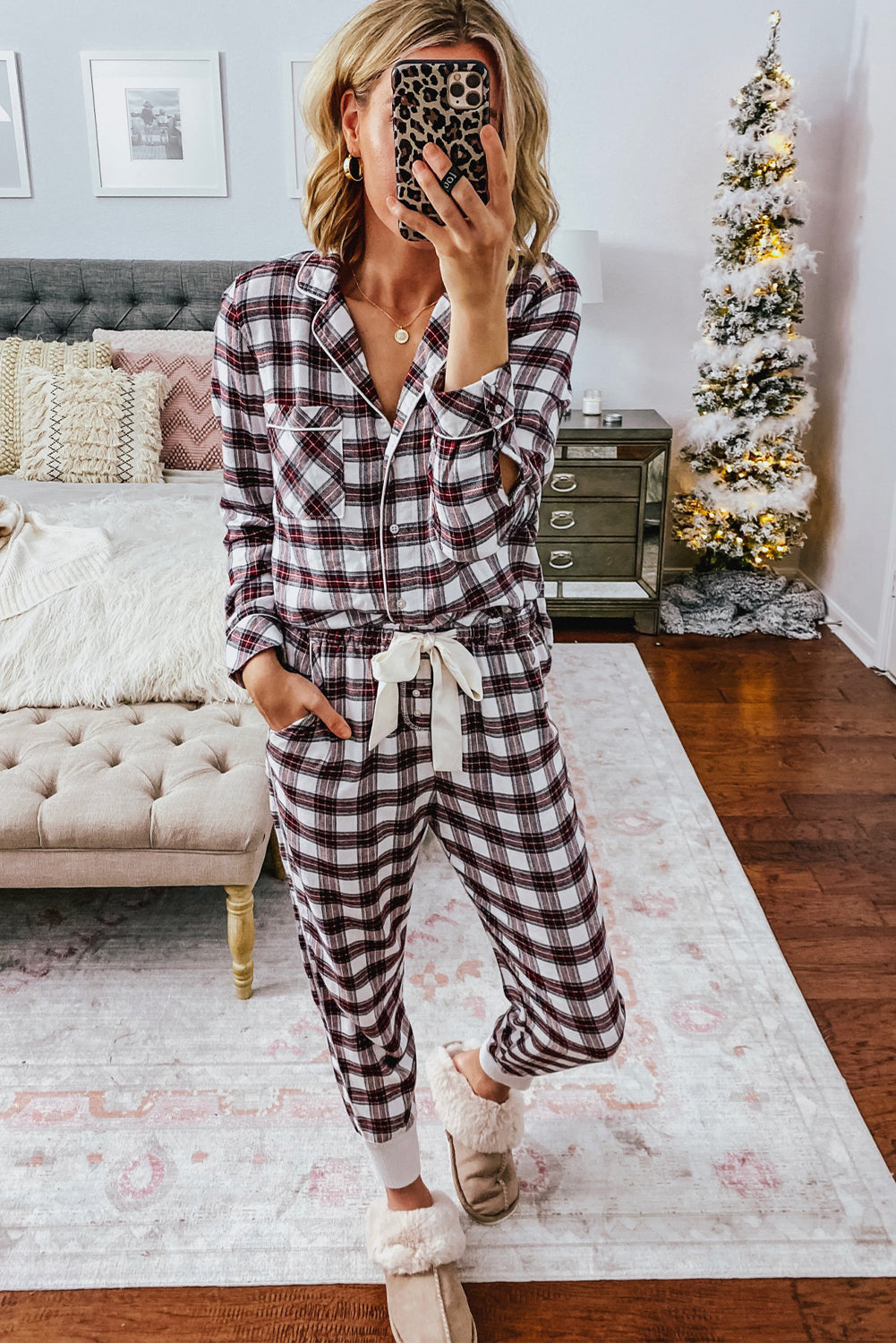 Black Christmas Fashion Plaid Long Sleeve Shirt Contrast Drawstring Pants Set