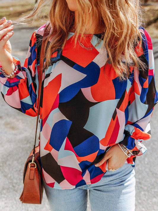 Glowing Abstract Pattern Ruffled Sleeve Crewneck Blouse