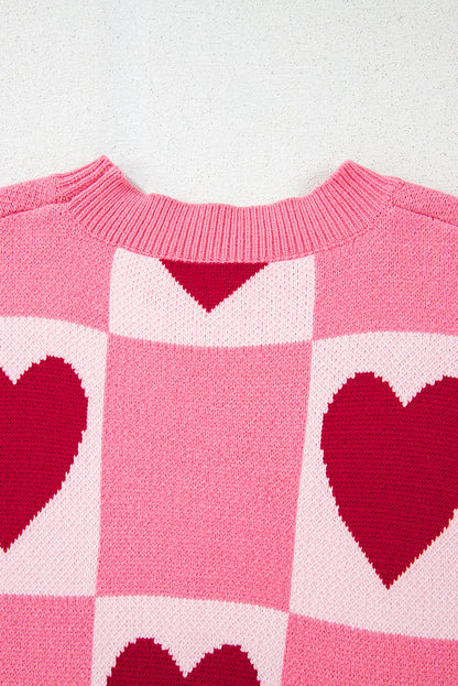 Pink Love Heart Checkered Valentine Crew Neck Sweater