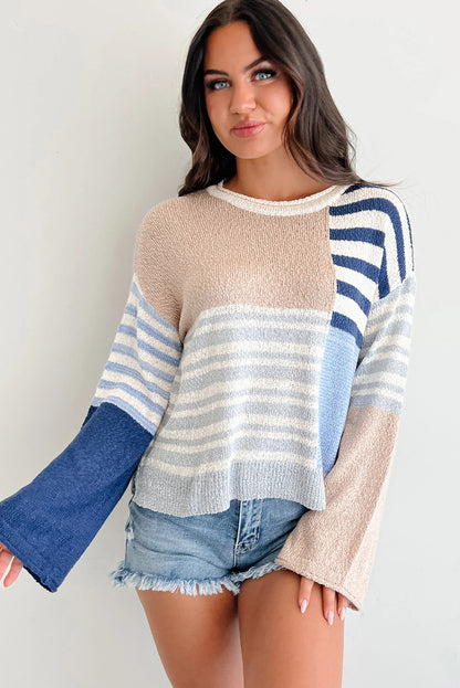 Sky Blue Stripe Color Block Knit Drop Shoulder Casual Sweater