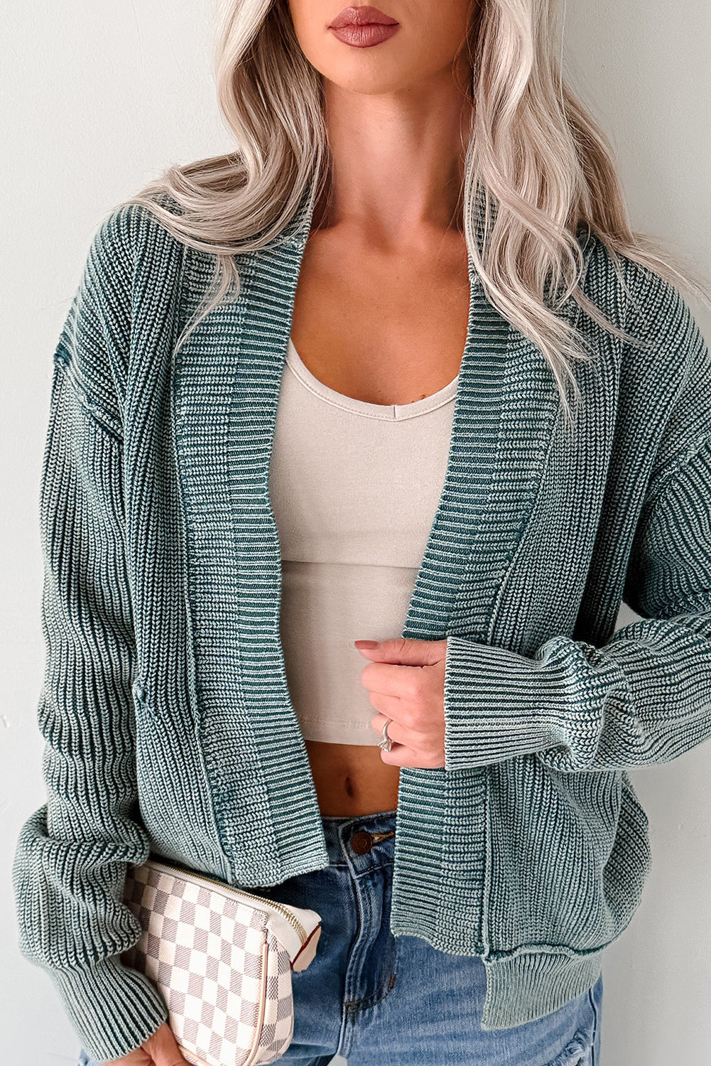 Evergreen Mineral Wash Exposed Seam Patchwork Knit Open Sweater Cardigan