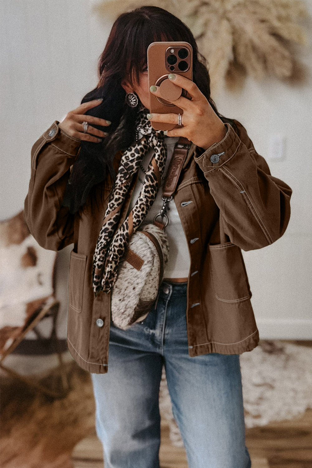 Coffee Patched Pocket Collared Button Front Boyfriend Denim Jacket