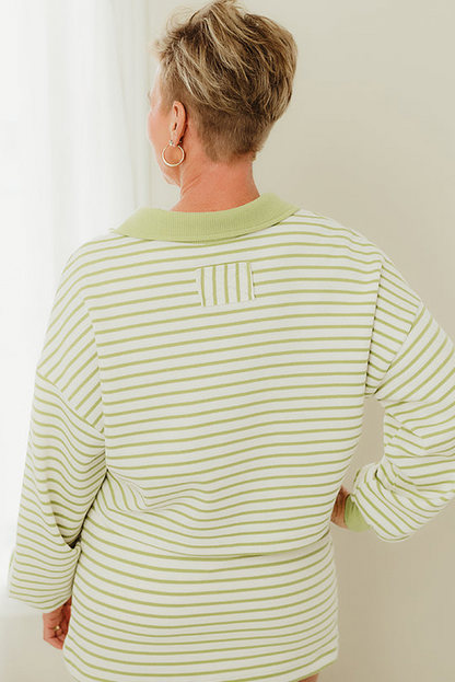 Green Stripe Contrast Banded Long Sleeve Polo Tee Mini Skirt Plus Size 2pcs Set