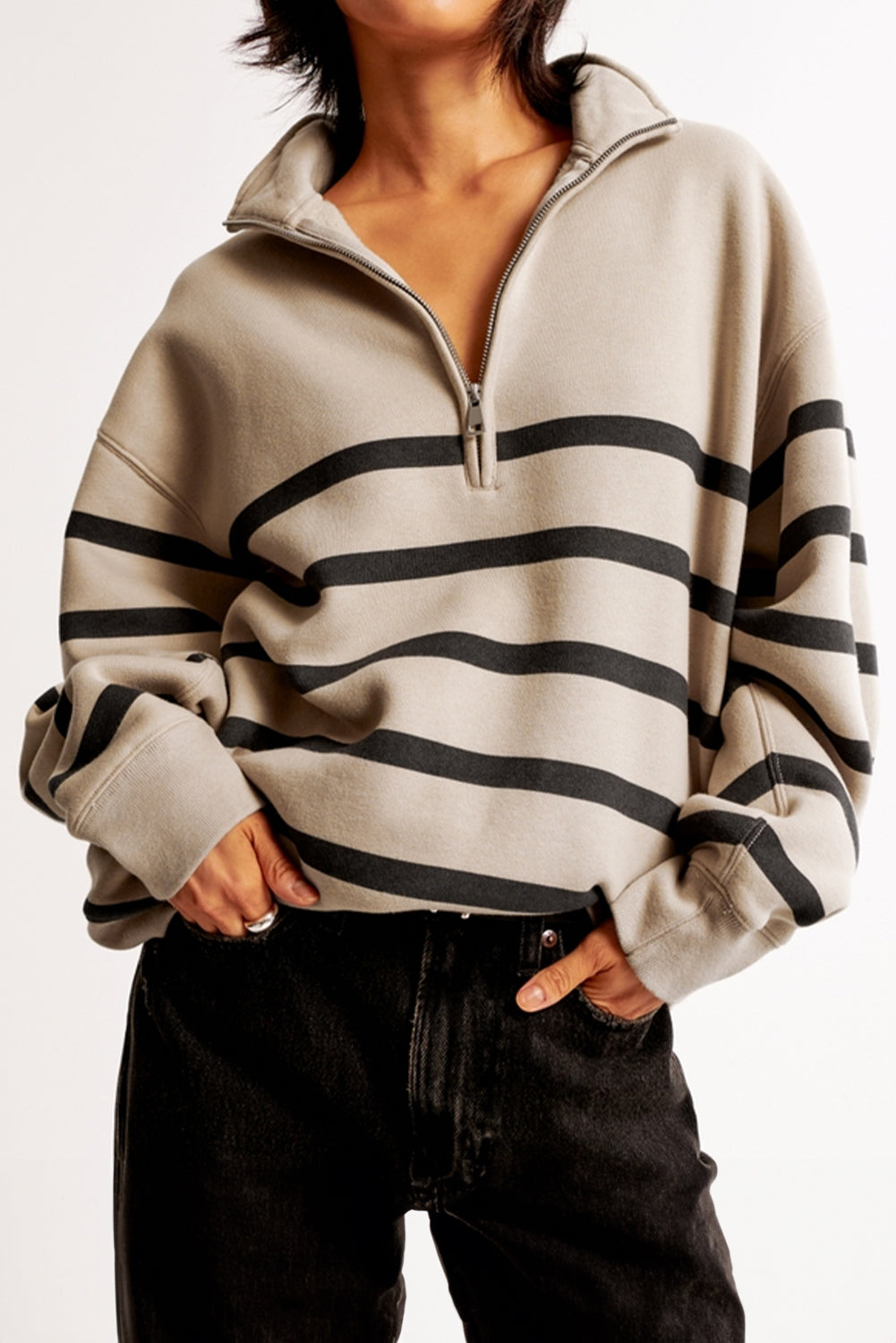 Khaki Stripe Zip Collared Casual Pullover Sweatshirt