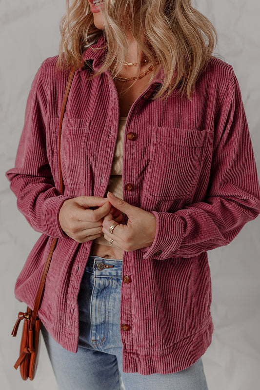 Pitaya Pink Double Patch Pocket Button Down Corduroy Shacket