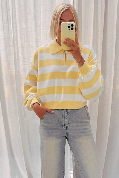 Yellow Stripe Collar Zipped Drop Shoulder Casual Sweater