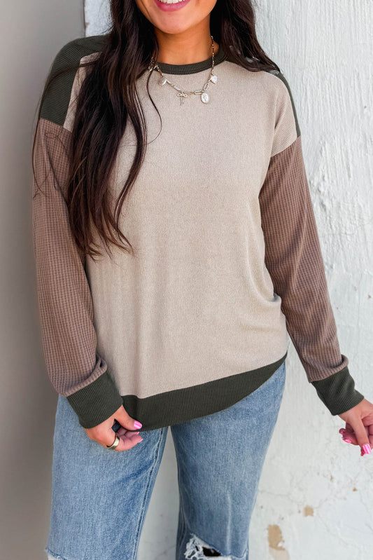 Parchment Color Block Mix Texture Patchwork Long Sleeve Top