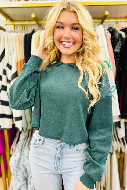 Skobeloff Solid Color Collared Ribbed Cropped Drop Shoulder Top