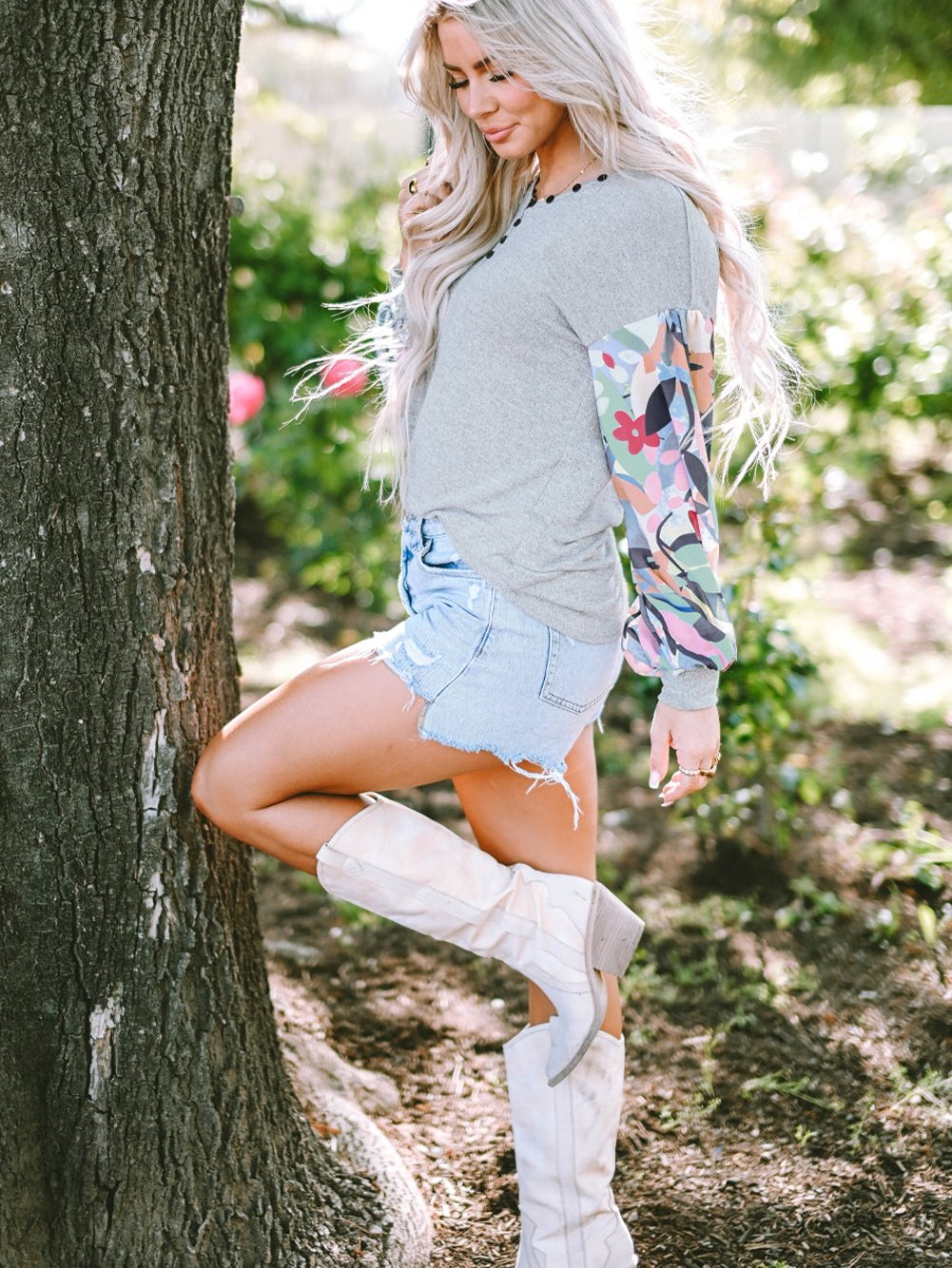 Elegant Gray Floral Lantern Sleeve V-Neck Blouse