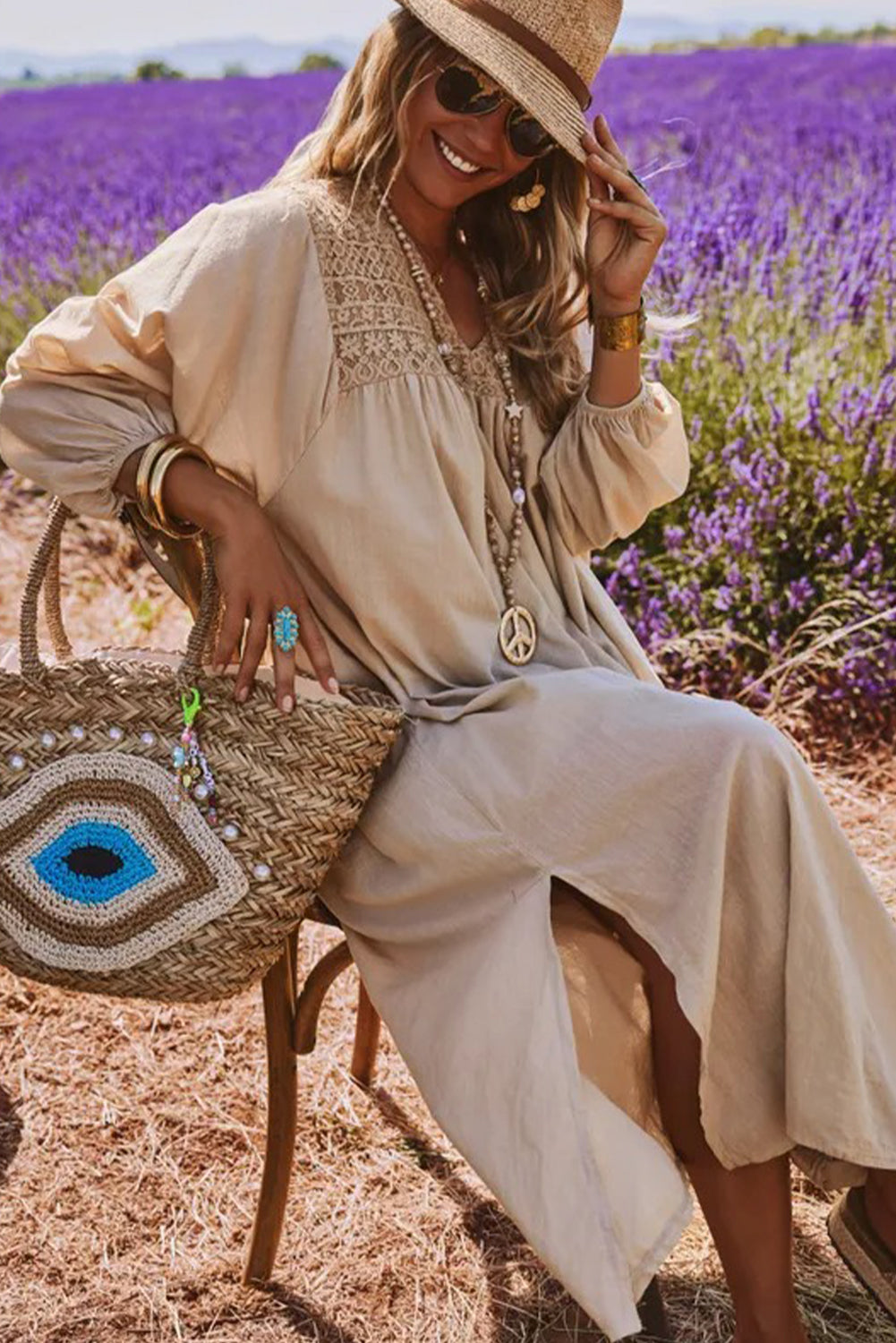 Jet Stream V Neck Lace Patchwork 3/4 Sleeve Long Shift Dress