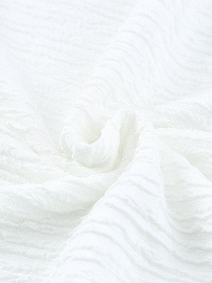 Elegant Textured White Lantern Sleeve Blouse with Smocked High Neck