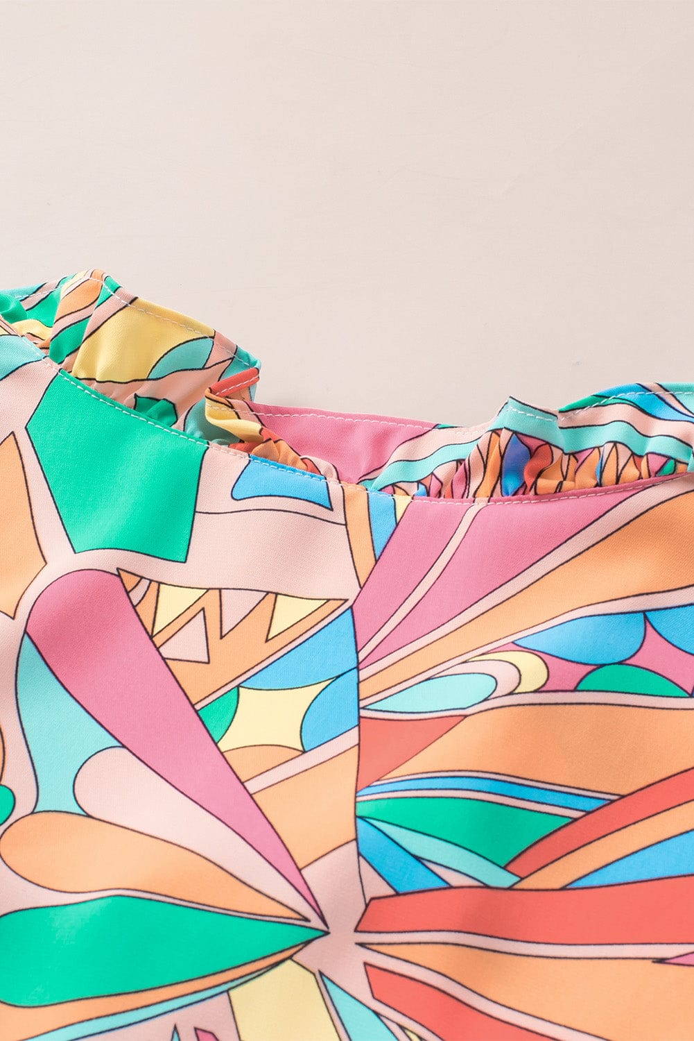 Abstract Geometry Print Ruffle Detail V-Neck Blouse