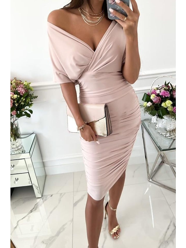 Women's Dress - Bodycon Midi Dress Red Green Beige Short Sleeve Pure Color Patchwork Spring Summer V Neck Stylish 2023 S M L XL XXL