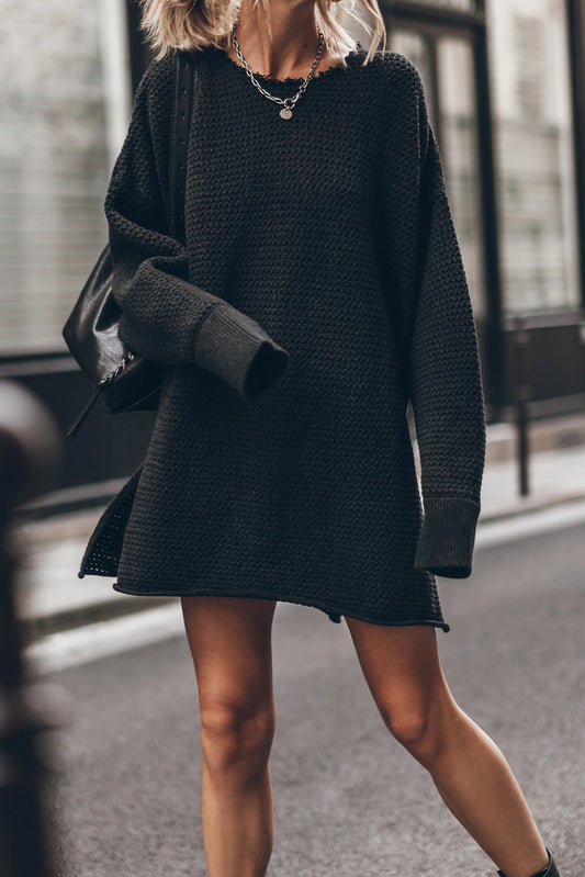 Black Textured Shift Fit Side Slit Long Sleeve Mini Dress