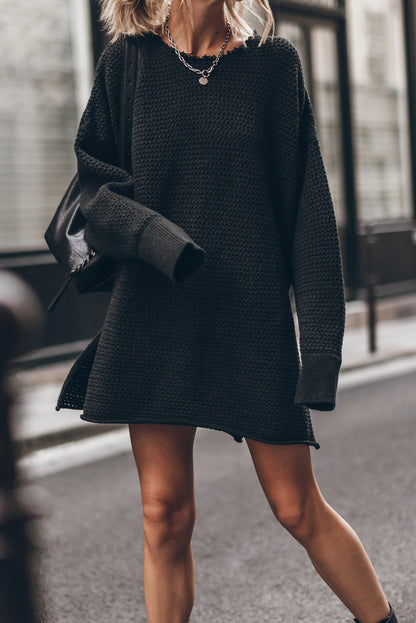 Black Textured Shift Fit Side Slit Long Sleeve Mini Dress