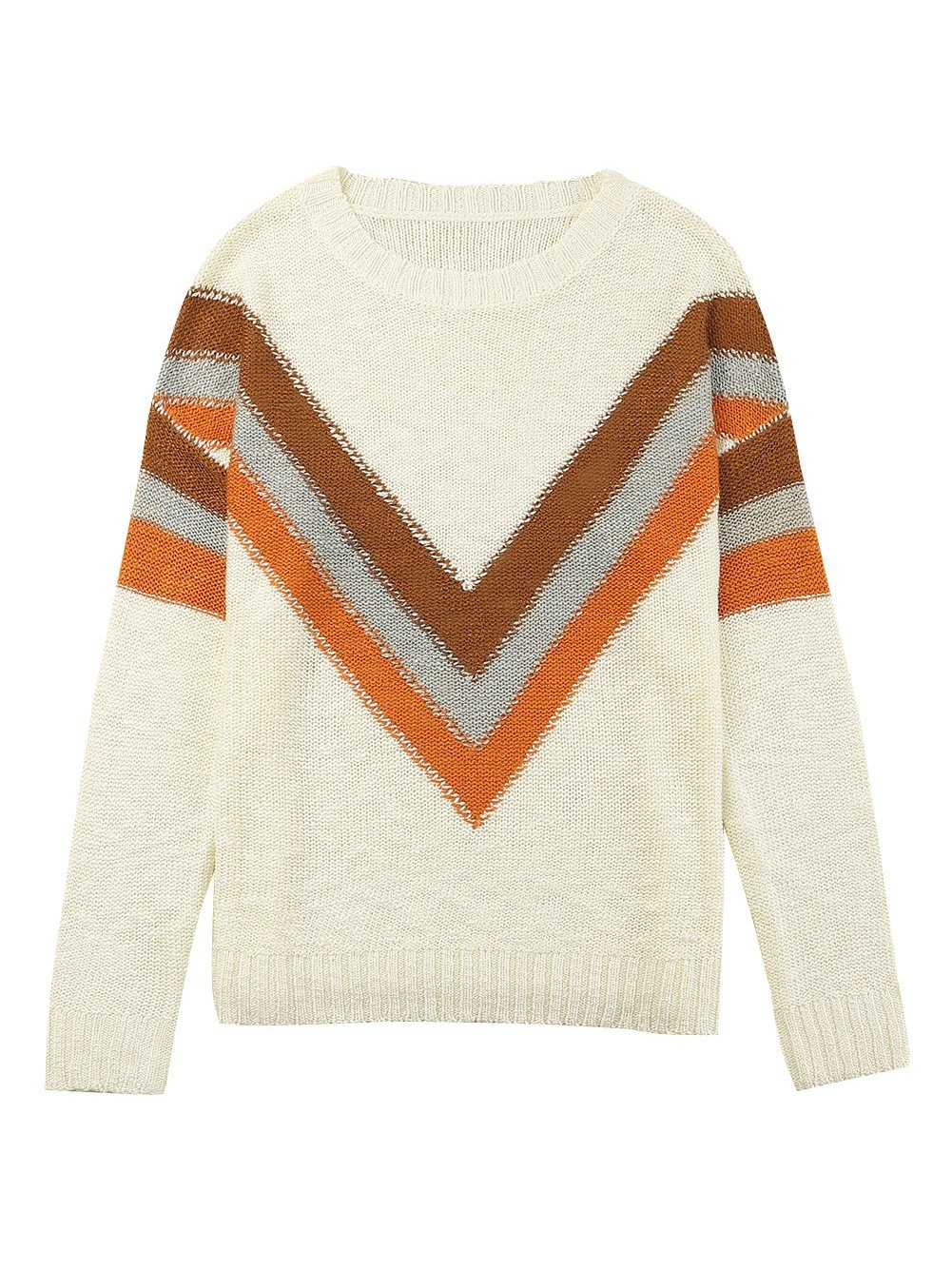 Beige Chevron Stripe Drop Shoulder Knit Pullover