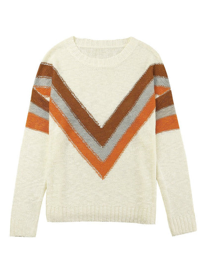 Beige Chevron Stripe Drop Shoulder Knit Pullover