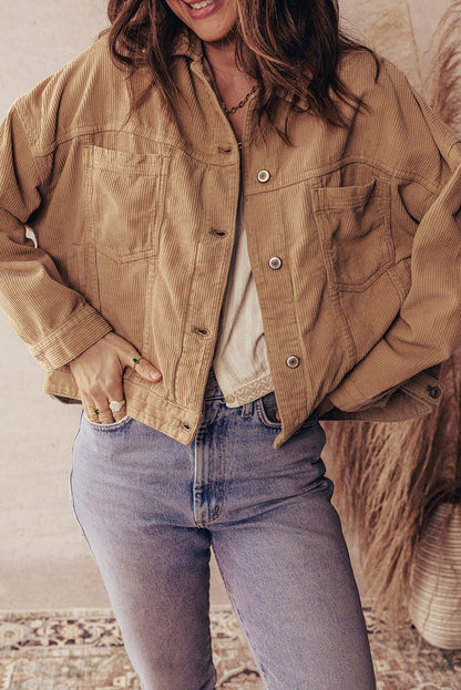 Camel Double Patch Pocket Plus Size Corduroy Jacket