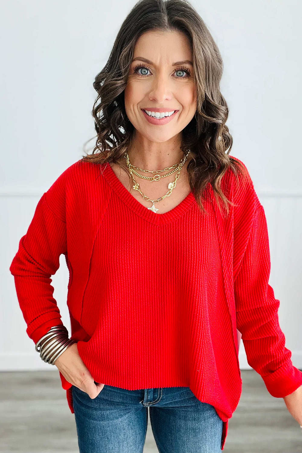 Fiery Red Twisted Ribbed Exposed Seam V Neck Long Sleeve Top