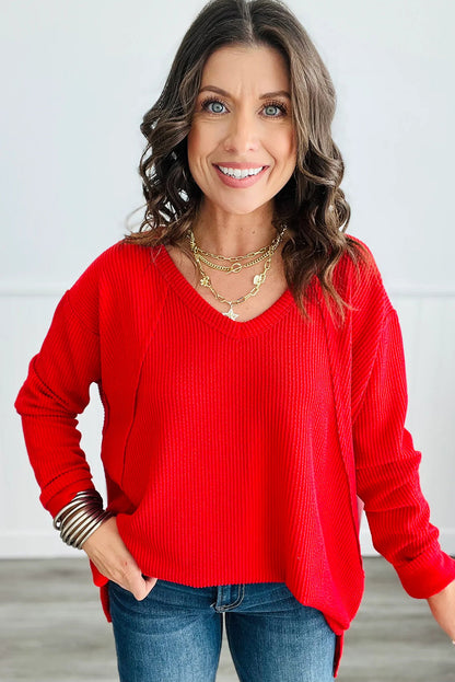 Fiery Red Twisted Ribbed Exposed Seam V Neck Long Sleeve Top