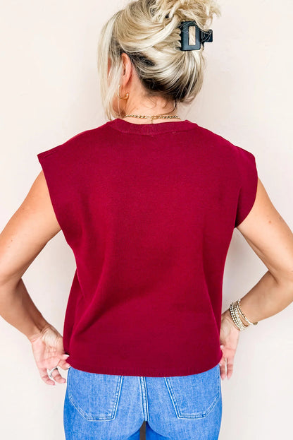 Racing Red Solid Color Knit Cap Sleeve Sweater