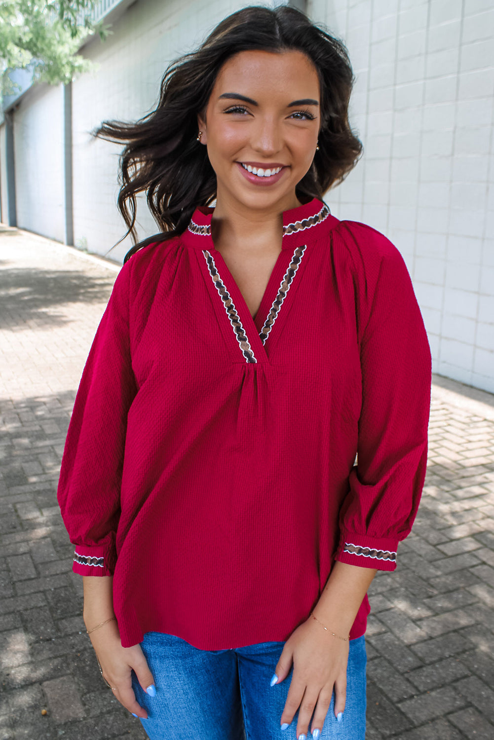 Racing Red Contrast Leopard Trim Bracelet Sleeve V Neck Textured Top
