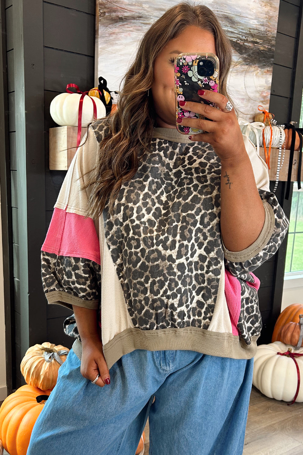 Brown Leopard Print Color Block Patchwork 3/4 Sleeve Loose Top