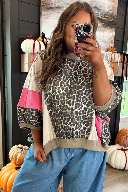 Brown Leopard Print Color Block Patchwork 3/4 Sleeve Loose Top