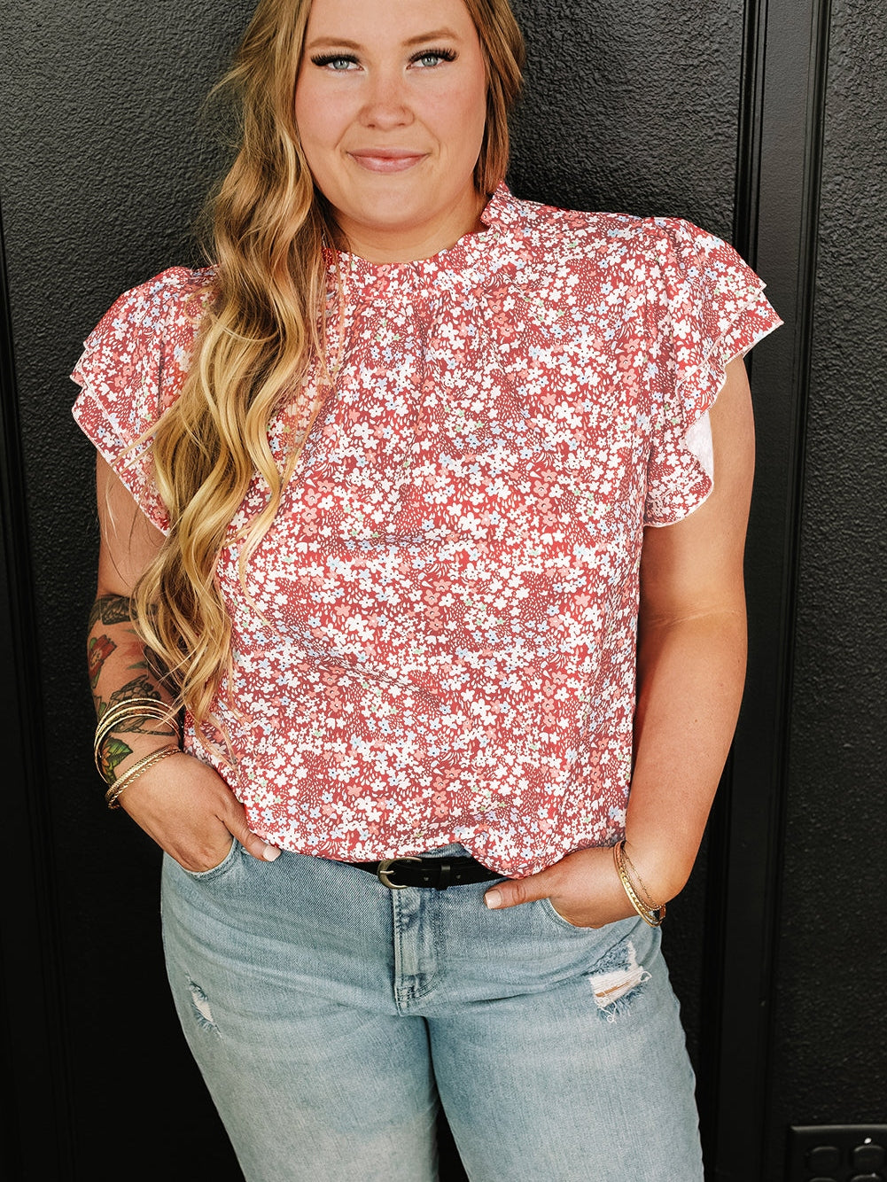 Pink Plus Size Floral Print Ruffled Sleeve Frilled Neck Blouse