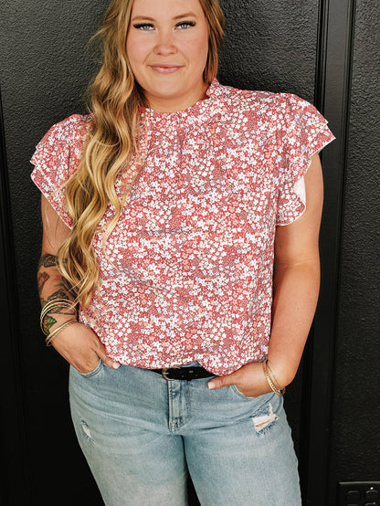 Pink Plus Size Floral Print Ruffled Sleeve Frilled Neck Blouse