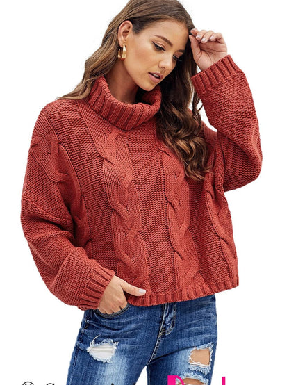 Fiery Red Handmade Cable Knit Turtleneck Sweater for Cozy Winter Days