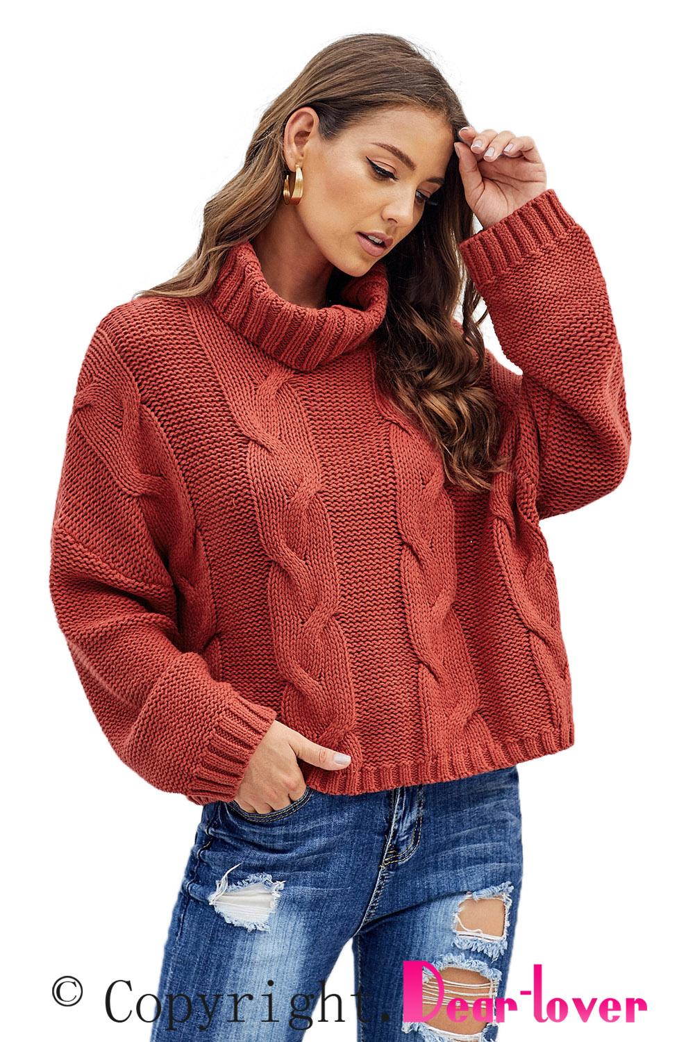 Fiery Red Cuddle Weather Cable Knit Handmade Turtleneck Sweater