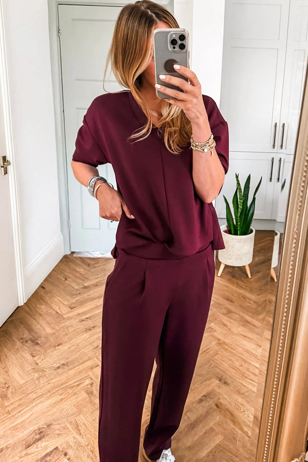 Red Dahlia Solid Color V Neck Tee Pocketed Casual Pant Set