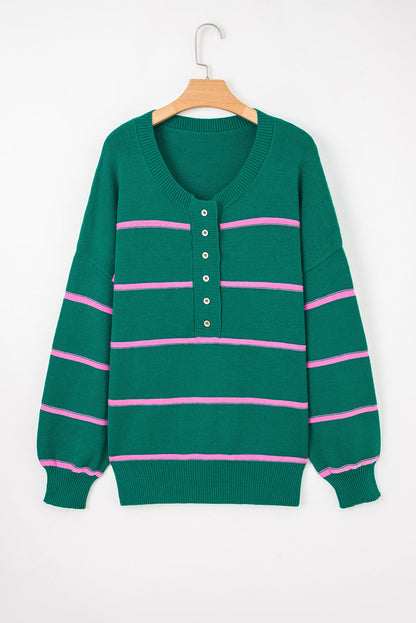 Green Stripe Half Buttons Drop Shoulder Plus Size Sweater