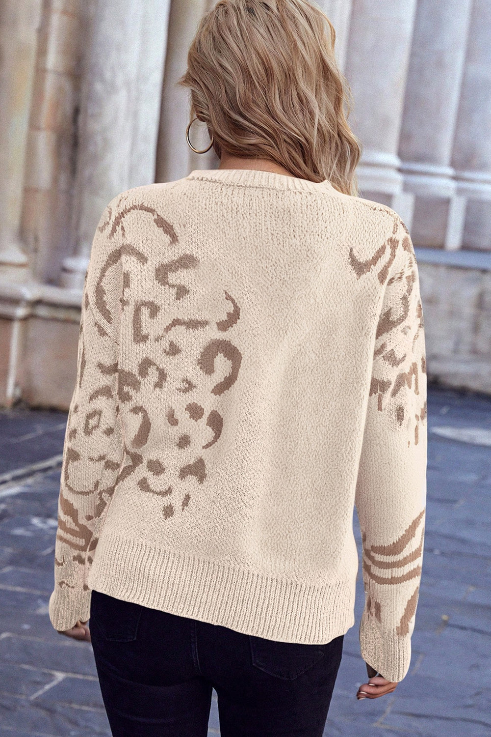 Beige Asymmetric Leopard Print Detail Drop Shoulder Sweater