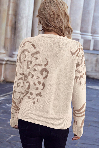 Beige Asymmetric Leopard Print Detail Drop Shoulder Sweater