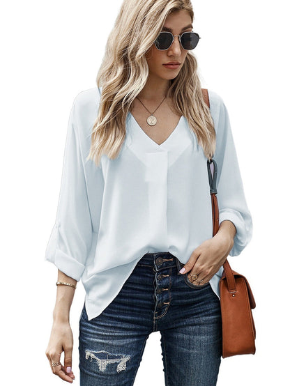 Elegant White V Neck High Low Hem Blouse