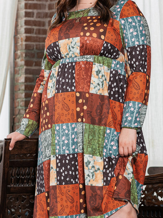 Green Printed Multicolor Western Checkered Plus Size Swing Dress