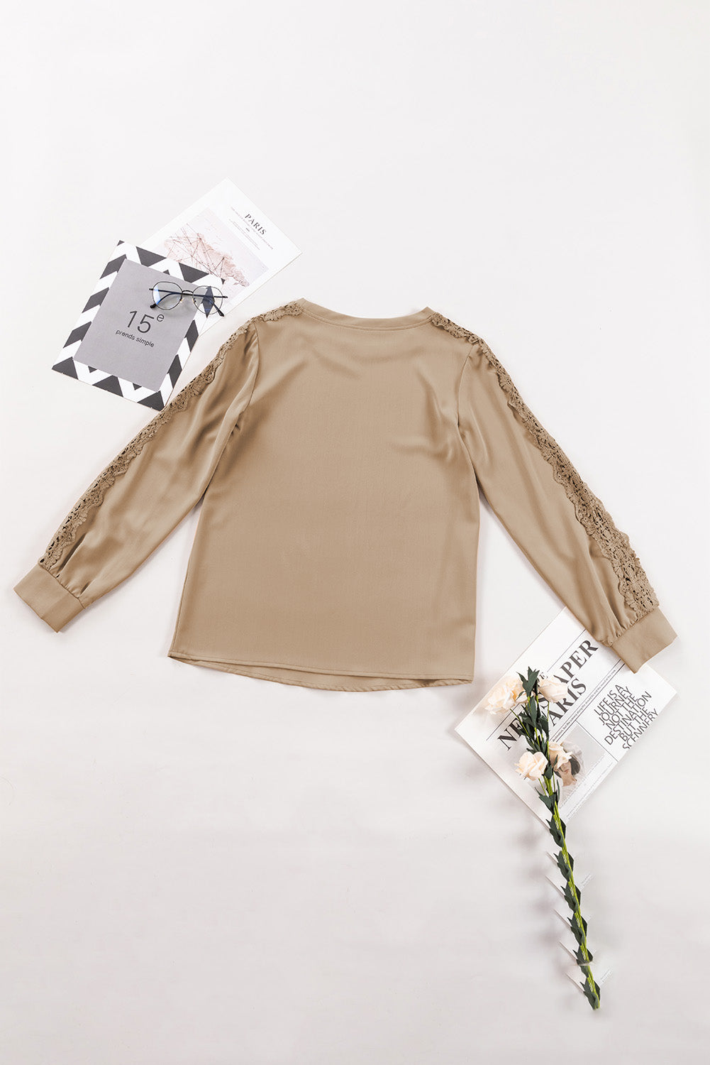 Elegant Light Beige Crochet Lace Patched Top with Crew Neck