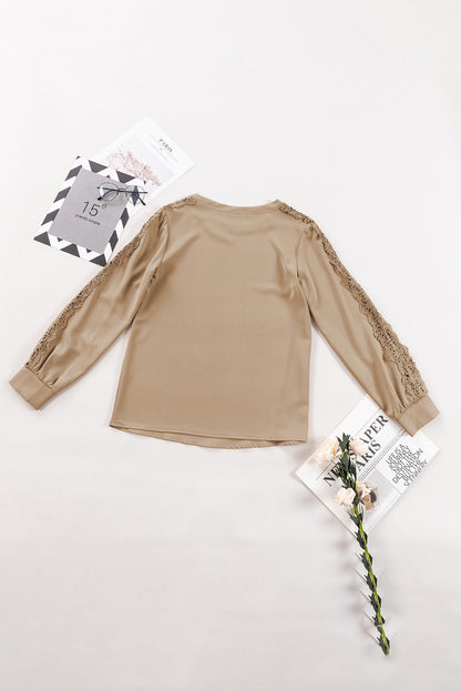Elegant Light Beige Crochet Lace Patched Top with Crew Neck