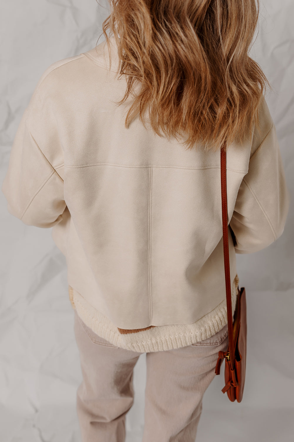 White Double Patch Pocket Snap Button Faux Suede Jacket