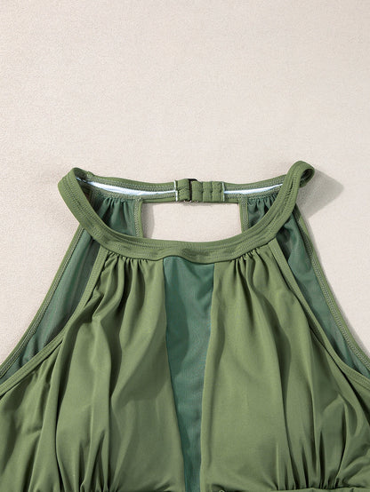 Green Mesh Ruched Tankini with High Neck Plunge