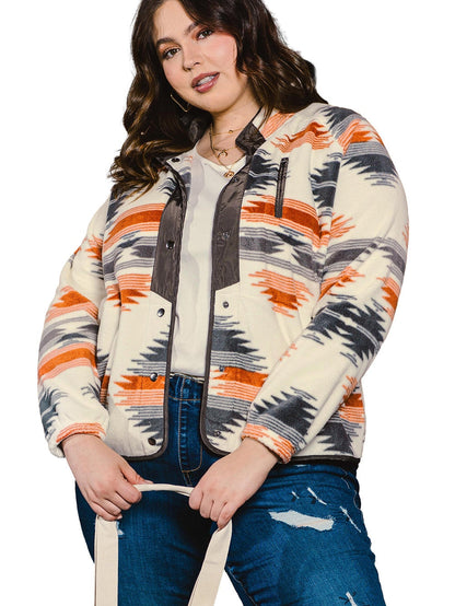 Aztec Print Stand Neck Plus Size Jacket in Grey Geo Patchwork