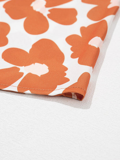 Orange Floral Print Plus Size V Neck Short Sleeve Blouse with Drawstring